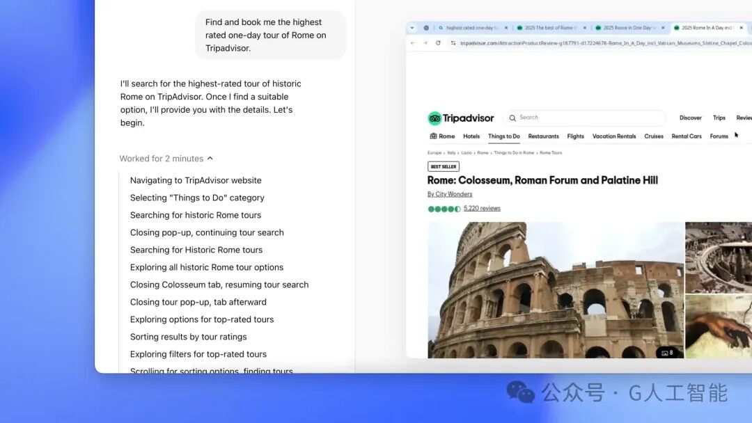 The image shows a user request to find and book the highest-rated one-day tour of Rome on TripAdvisor. It includes a search process summary and a TripAdvisor webpage displaying a "Best Seller" tour: "Rome: Colosseum, Roman Forum and Palatine Hill."