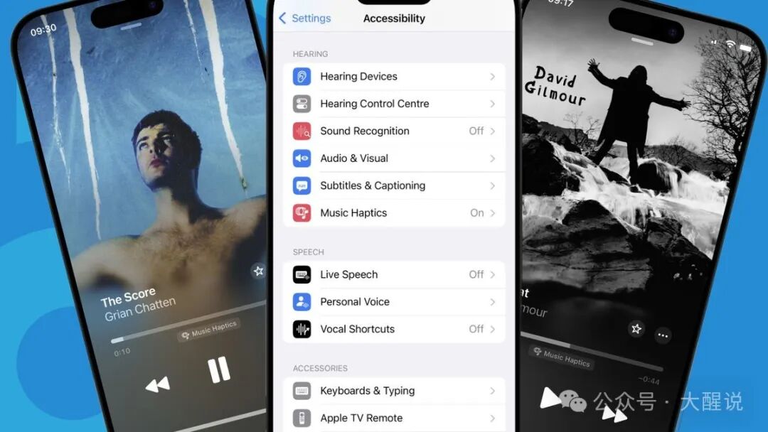 Three iPhone 15 Pros, displaying Apple Music Haptics and the feature on Grian Chatten's The Score and David Gilmour's Black Cat