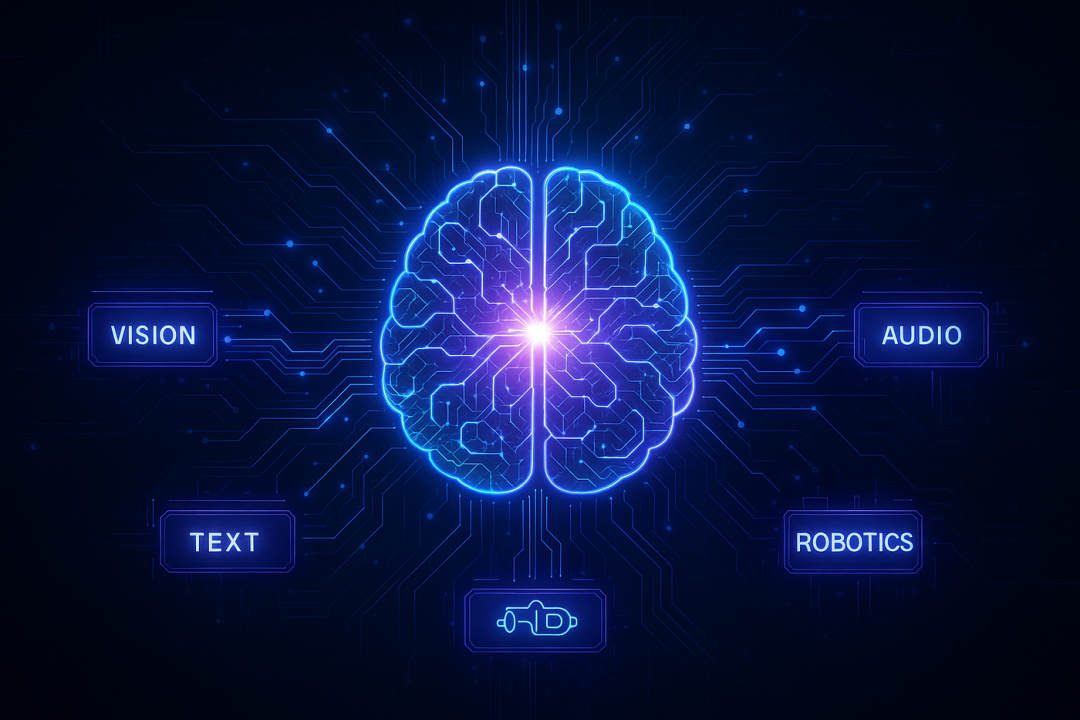 A futuristic AI brain or neural network core, glowing with electric blue and purple hues, connected via luminous circuits to multiple modular units, each representing different AI model types (like vision, text, audio, and robotics), all set against a sleek, high-tech interface background — a tech-forward, cybernetic aesthetic.