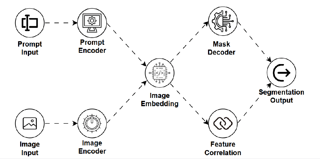 A block diagram showing (prompt input → prompt encoder), (image input → image encoder) → image embedding layer → mask decoder, feature correlation → segmentation output