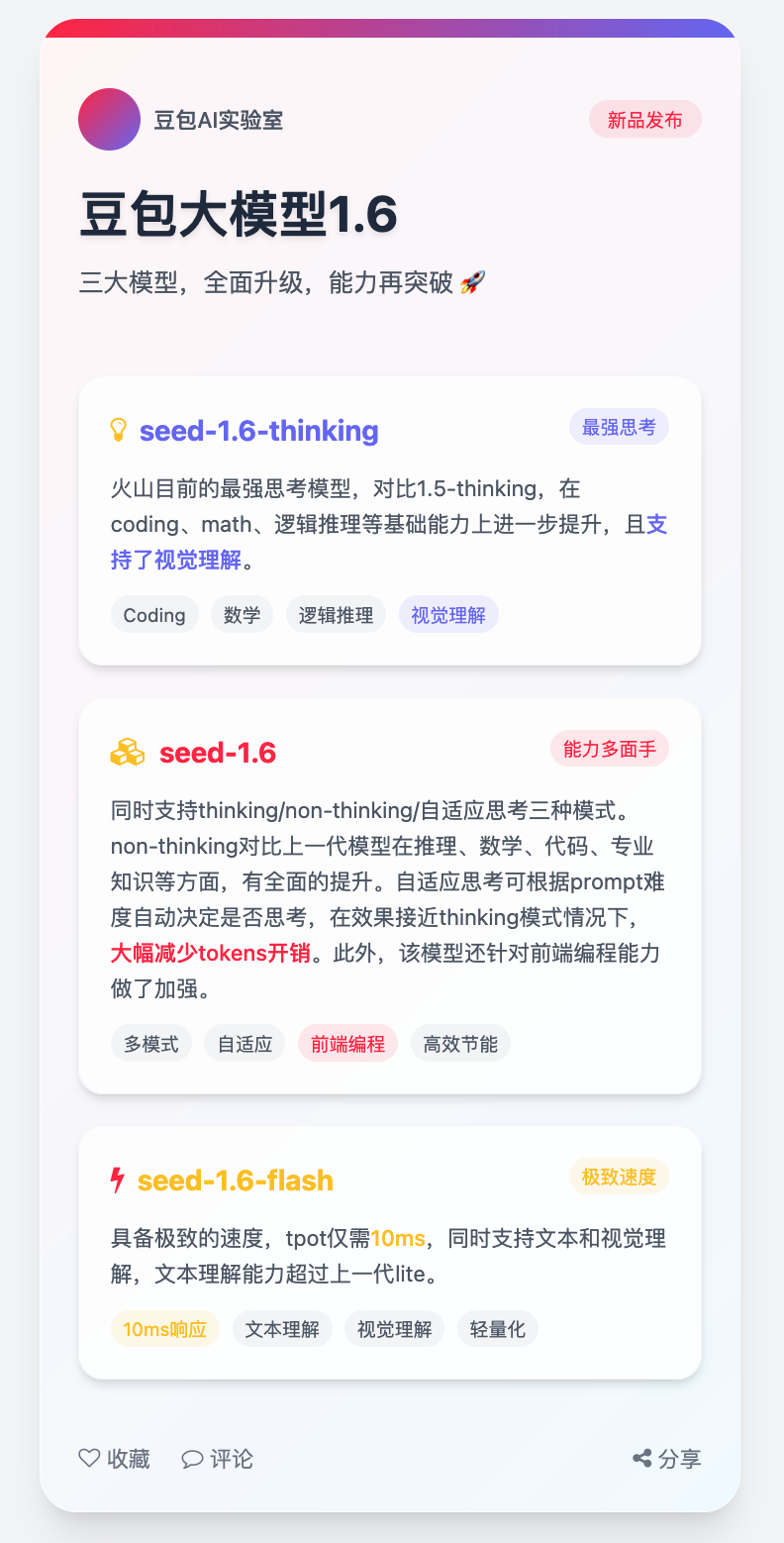 小红书卡片:豆包1.6更新