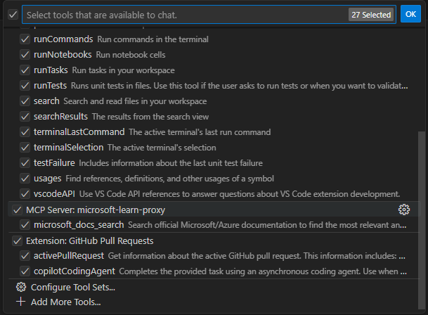 VSCode MCP server list with tools