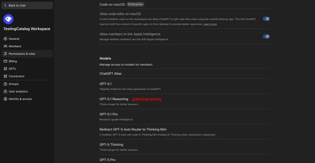 Screenshot of a ChatGPT interface on macOS showing Testing Workspace with sections for members, models, and general settings. Displays ChatGPT models available to enterprise customers on mobile. Includes options for adding members to Apple Intelligence on devices running iOS 18.1 or later. Features GPT-5.1 model with reasoning capabilities highlighted in the interface.