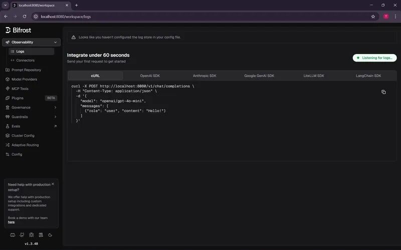 Image 20: Main dashboard of Bifrost's web interface showing real-time metrics, request analytics, and provider status